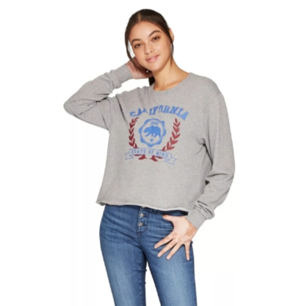 Modern Lux Sweatshirt XL Cropped California Bear‎ Graphic Raw Hem Heather Grey